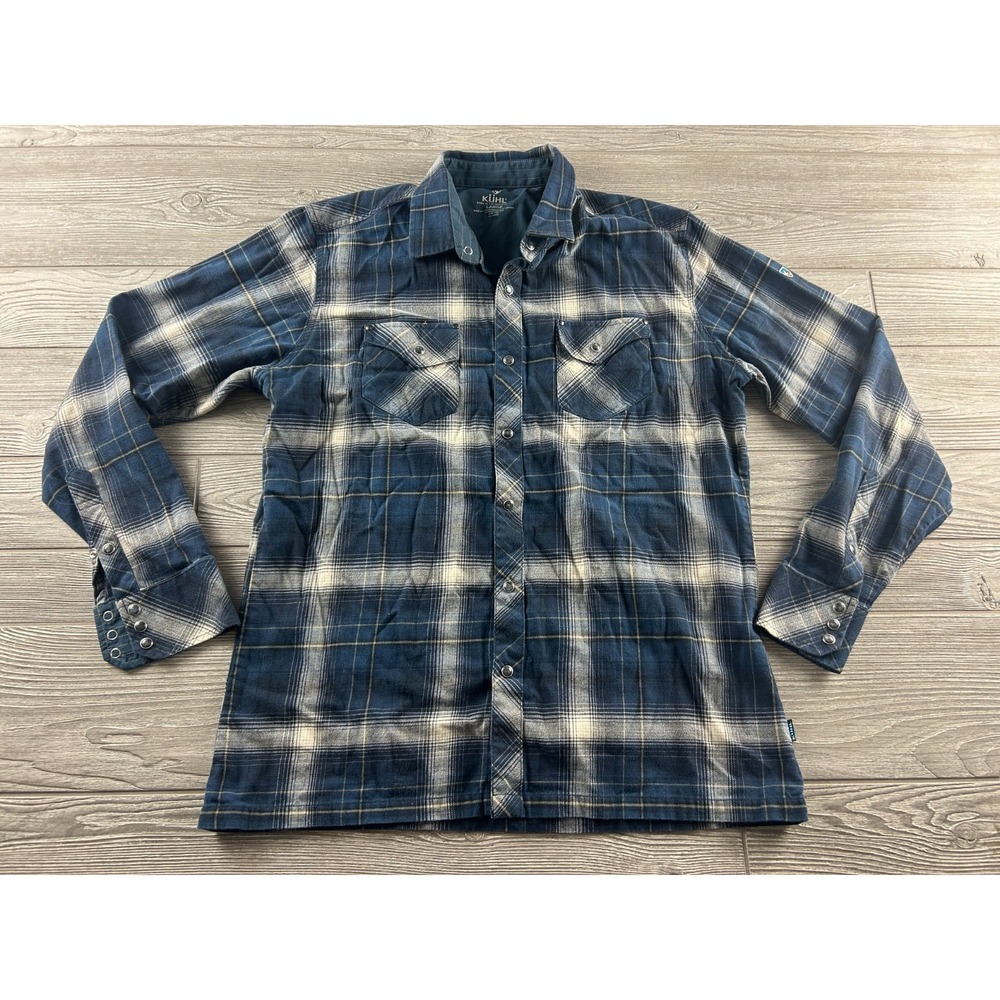 Kuhl Law Flannel Shirt Mens Large Blue Plaid Button Up Cotton Tencel Style
